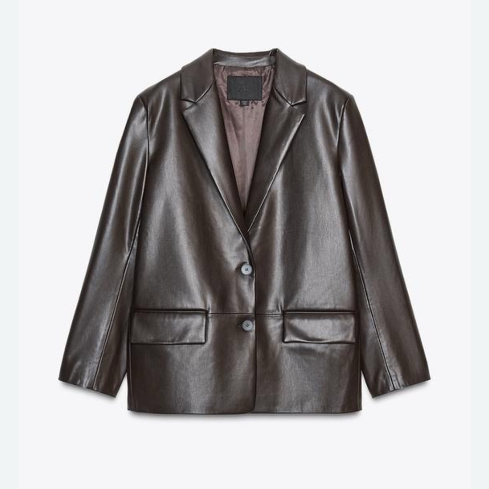 ZARA women's faux leather straight blazer jacket S